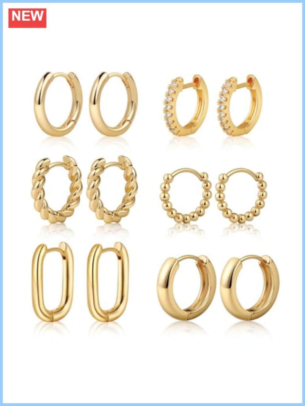 6 Pair 14K Gold Plated Hoop Earrings Set Lightweight Hypoallergenic Huggie Hoops